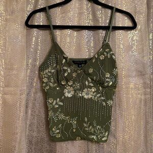 Studio 12 Olive Green Gold Sequin Beaded Camisole Tank Top Large NWT